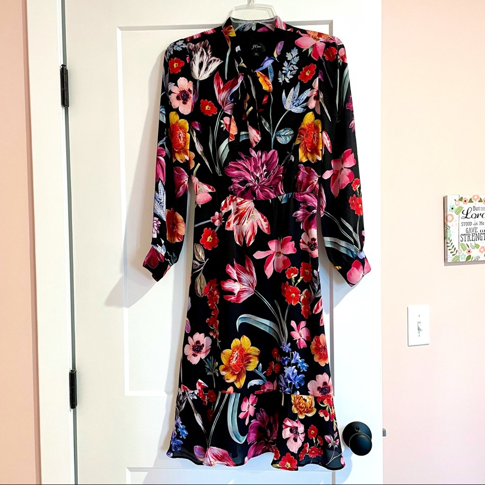 💐 J Crew tie neck midnight Dutch floral ruffle midi dress black watercolor 00